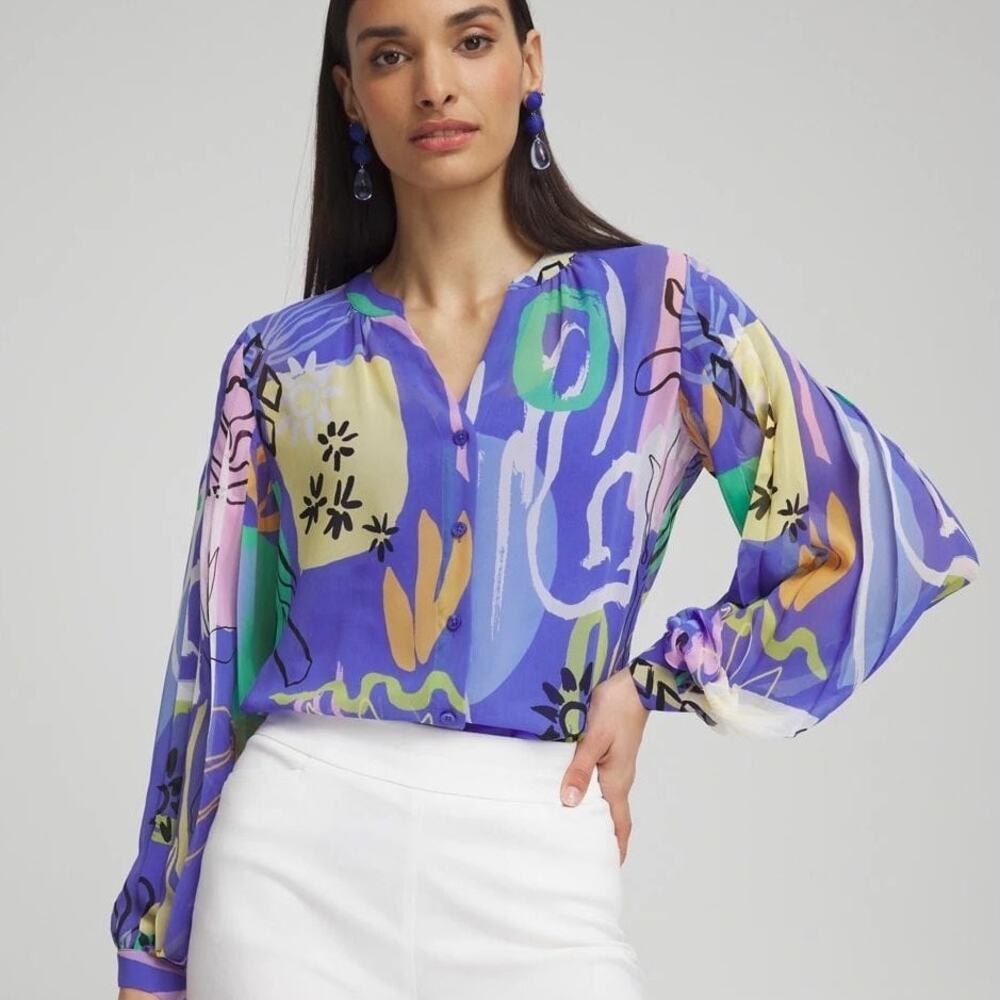Chico's Multicolor Abstract Transparent Blouse Button Down Artsy Women's 2 / 12